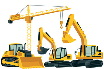 A set of heavy construction equipment including excavators and a crane
