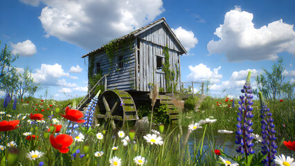 Old wooden watermill in a blooming wildflower meadow under a blue sky with fluffy clouds, rustic rural landscape for nature and travel concepts