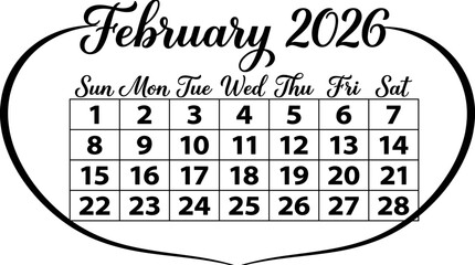 Vintage Style February 2026 Monthly Calendar Vector Illustration Planner Template