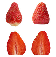 Red ripe strawberries, juicy pieces on isolated background