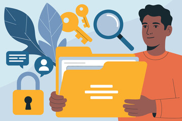 A man holding a secure file folder with various security and organization icons surrounding him.