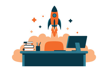 A cartoon office desk with a rocket ship blasting off into space, symbolizing innovation and success.