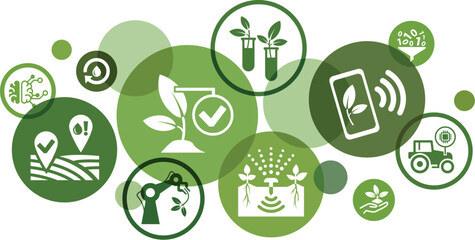Smart farming vector illustration. Concept with icons related to AI agriculture technology, modern agronomy, monitoring crop, iot harvest optimization, farm analytics, artificial intelligence.