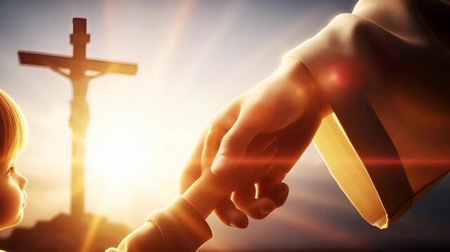 Jesus' hand extended toward the human hand of a small child against the backdrop of the crucifixion and sunset. Concepts of salvation, faith, and religious spiritual guidance.