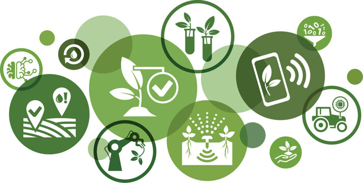Smart farming vector illustration. Concept with icons related to AI agriculture technology, modern agronomy, monitoring crop, iot harvest optimization, farm analytics, artificial intelligence.