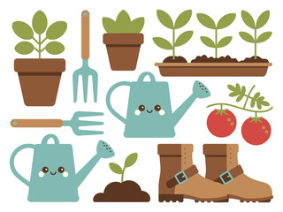 A colorful illustration of gardening tools and plants with smiling cartoon watering cans.