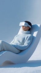 Reclining person in ice blue cashmere wears slim VR mask. Style soft ice blue cashmere knitwear with slim VR technology.
