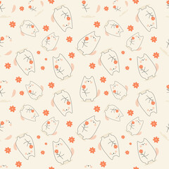 A repeating seamless pattern featuring minimalist white cats holding orange flowers on a light cream background.