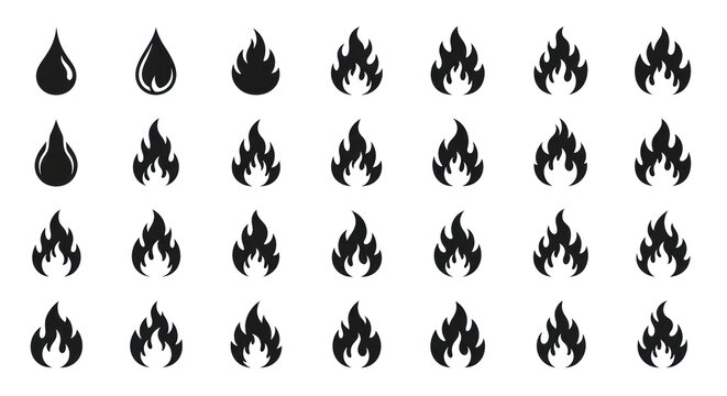 A collection of solid matte black fire and flame icons, distinct from simple to jagged stylized shapes, neatly arranged on a transparent background with copy space, modern minimalist graphic design