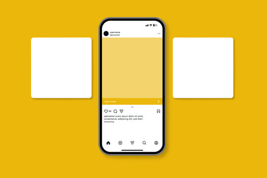 instagram post mockup vector. social media  instagram learn more carousel post template , instagram sponsored post mock up , smartphone and scroll frame pages , instagram mobile app page template