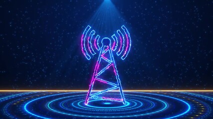 Futuristic Neon Communication Tower Transmitting Digital Signals In A High Tech Cyber Network Environment With Glowing Waves And Particles,  Futuristic Neon Communication Tower Broadcasting Digital - Powered by Adobe