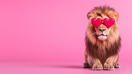 Obraz premium A lion wearing heart-shaped red sunglasses, with empty space for text.
