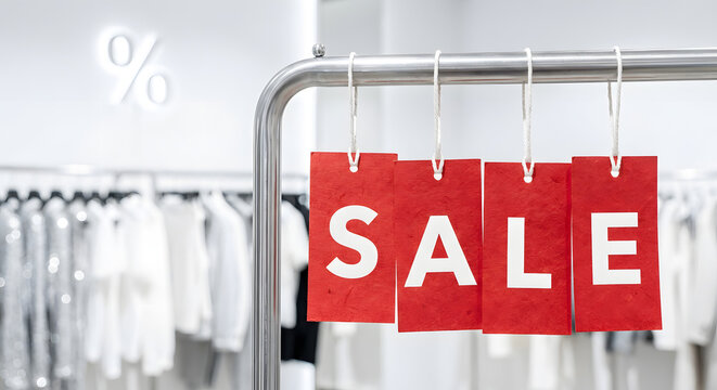 Red sale tags hanging on metal rack, minimal retail store interior background, discount promotion concept, shopping boutique, percentage symbol, price reduction, for banner, marketing, black friday. - Powered by Adobe