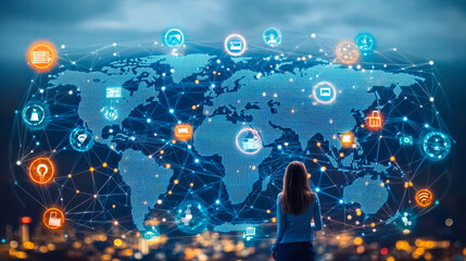 Woman overlooking digital world map with global network connections and glowing technology icons symbolizing collaboration and artificial intelligence integration at night