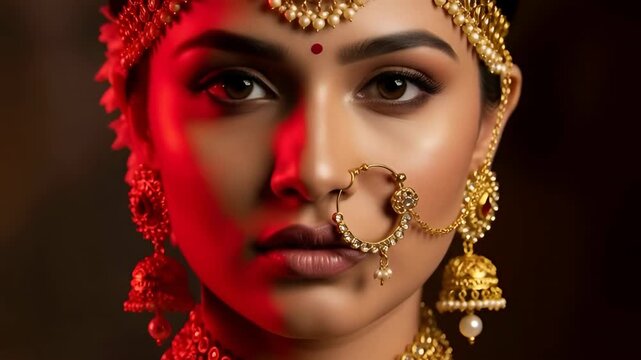 Woman face with dramatic red light on one side wearing golden traditional Indian jewelry for cultural fashion and beauty.	
