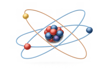 Atom structure showing nucleus with protons and neutrons, electrons orbiting, illustrating atomic model