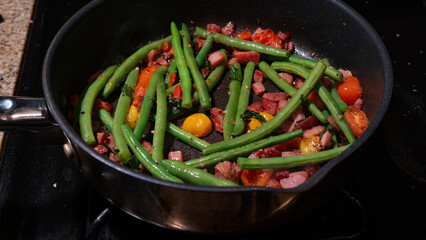 Fresh Green Beans Saut&eacute;ed with Savory Ham and Cherry Tomatoes