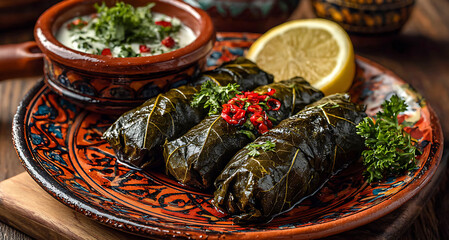 Traditional Dolmas Stuffed Grape Leaves on an Ornate Patterned Plate Served with Yogurt Sauce and Lemon
