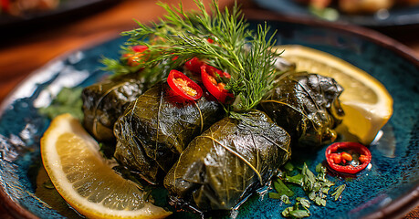 Gourmet Stuffed Grape Leaves Dolmas Garnished with Fresh Dill and Chili Peppers on a Deep Blue Ceramic Plate