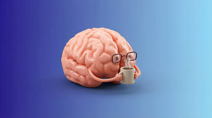 cute brain character with glasses drinking coffee on blue and white soft gradient cute image