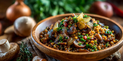 Healthy Grains Bowl featuring Buckwheat Porridge with Saut&eacute;ed Mushrooms and Fresh Herbs in a Wooden Bowl