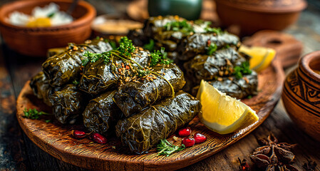 Platter of Stuffed Grape Leaves Dolmas with Pomegranate Seeds and Lemon Slices on a Rustic Wooden Board