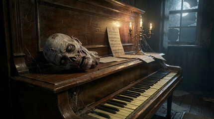 zombie head on the piano with soft spooky light and dark light in the windows on the right side