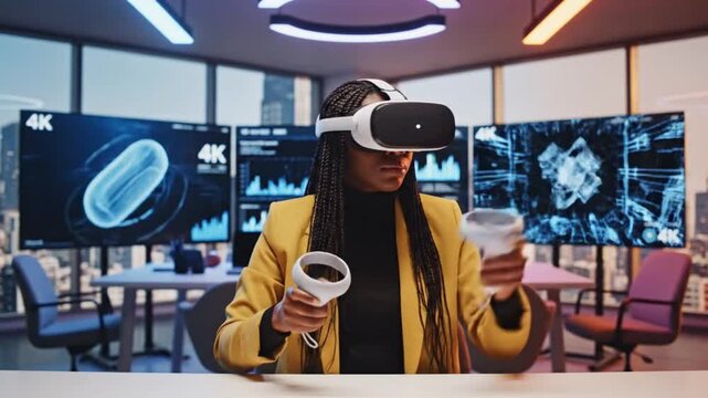 African american woman wearing vr headset and controllers in modern