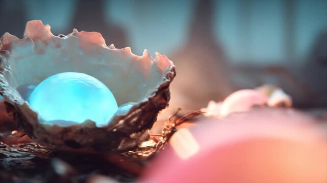 Glowing orb inside a shell on a surface with abstract light and textures