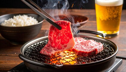Appetizing grilled steak with rice and a refreshing drink. The perfectly cooked steak is being picked up by chopsticks ready to eat, and it is served with rice and refreshing drink
