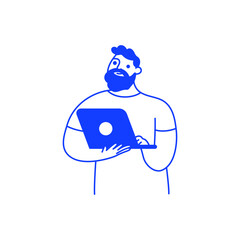 Vector illustration in simple doodle linear hand drawn style, man holding laptop, remote freelance work concept
