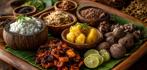 Rustic Wooden Tray with Ingredients Including White Rice Boiled Potatoes and Tropical Seeds and Lime