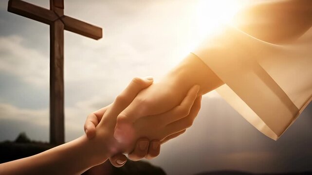 Jesus' hand extended toward the human hand of a small child against the backdrop of the crucifixion and sunset. Concepts of salvation, faith, and religious spiritual guidance.