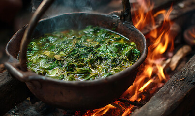 Traditional Outdoor Cooking of Leafy Greens in a Copper Cauldron over an Open Wood Fire