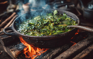 Rustic Cast Iron Pot Boiling Fresh Green Leaves over Wood Logs in a Traditional Kitchen