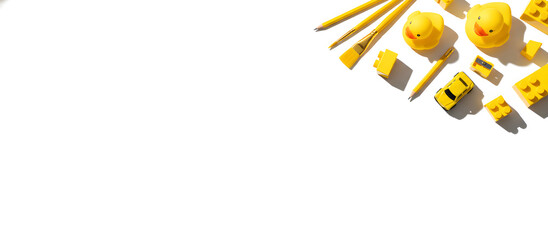 Collection of yellow objects, toys and stationery items on white background, creative flat lay composition for childhood and education concepts