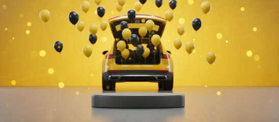 Empty Black Round Podium in Front of a Yellow SUV with Open Trunk and Balloons, Festive Car Giveaway and Product Display Background