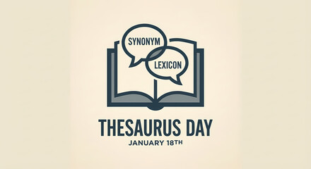  illustration celebrating Thesaurus Day on January 18th, featuring an open book with speech bubbles 
