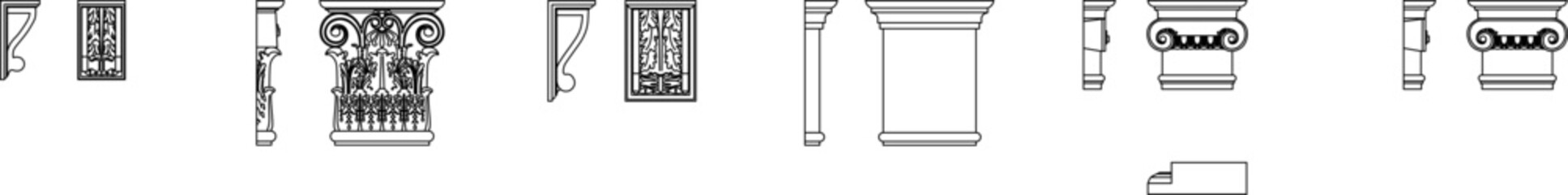 Technical vector of classical architectural details, featuring ornate capitals, brackets, cornices, and profile sections. © Riki