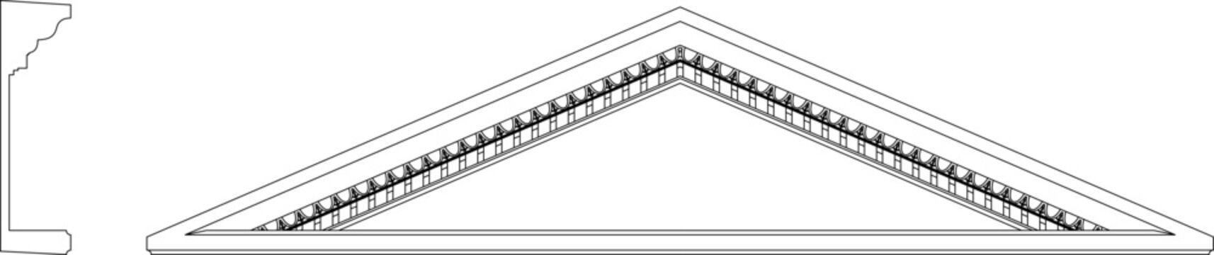 Technical vector of a triangular pediment ornament, featuring detailed classical dentil moldings and architectural profiles.