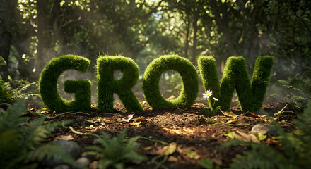 Green nature forest environment, sunlight beams and soil, ecology typography, organic development symbol, for business, finance, investment, eco, spring, motivation.