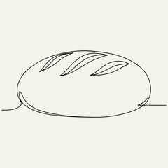 Minimalist continuous line drawing portrays bread loaf outline on cream background. Illustration features traditional bread loaf shape with scoring marks, emphasizing freshness.