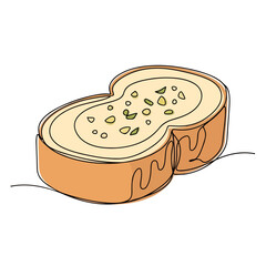 Continuous line art illustration of flavorful garlic bread slice. Delicious garlic bread features golden crust, creamy spread, and savory herb toppings. Artistic garlic bread concept for menu design,