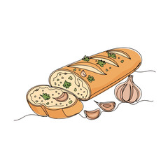 Warm garlic bread loaf, golden slice revealing herbaceous spread and minced cloves. Hearty garlic bread, prepared with aromatic garlic bulb and fresh green parsley, serves as perfect appetizer.