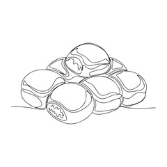 Line art illustration depicting a stack of delicious sweet pastries. Drawing depicts fluffy sweet pastries, possibly buns or dough balls, with subtle lines indicating shape.