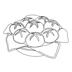 Line art drawing of fresh bread rolls in rustic basket, baked bread rolls arranged on cloth, highlighting round shape and decorative crust cuts.