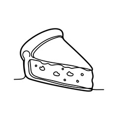 Minimalist cheesecake slice, continuous line art drawing depicting dessert portion. Simple cheesecake slice artwork for bakery branding, menu design, sweet treat promotion.