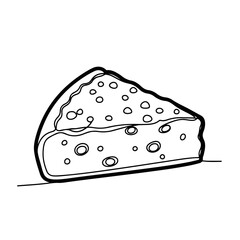 Simple black and white cheese drawing featuring a triangular wedge with holes. This versatile cheese drawing is perfect for culinary designs, recipe books, or restaurant menus.
