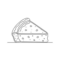 Simple cheesecake slice line art drawing depicts minimalist dessert illustration with crust and creamy texture. Portion of sweet pie ideal for menu design or recipe book.