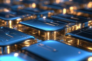 Close-up view displays numerous metallic blocks arranged in a grid. The lighting highlights their shiny surfaces, emphasizing reflections and textures. This scene shows a digital rendering style